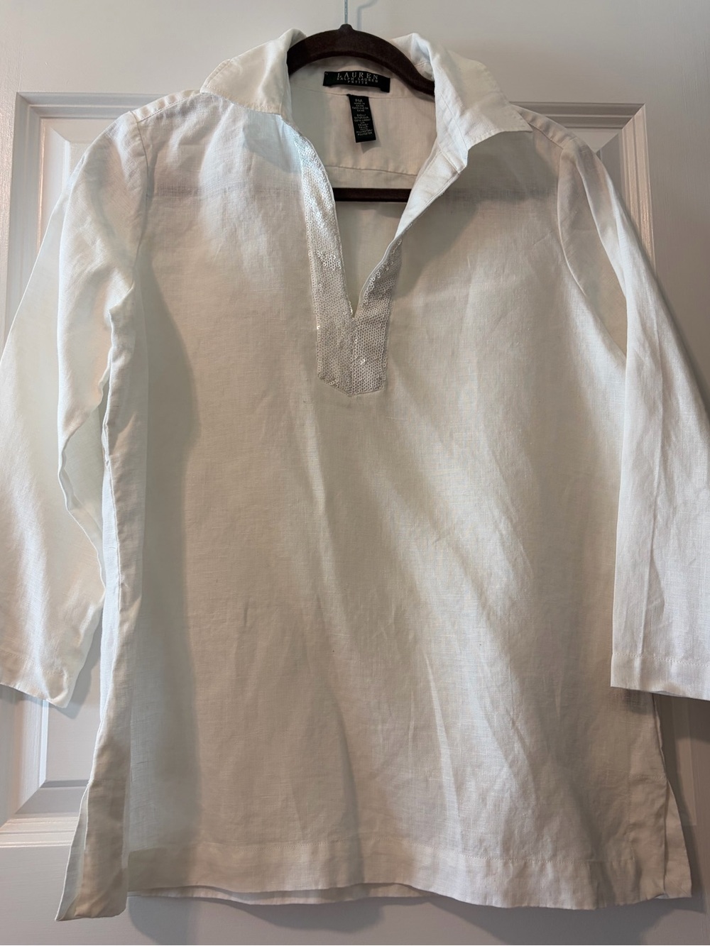 Ralph Lauren Women's White 100% Linen Tunic Shirt with Sequins Neck - Picture 2 of 7